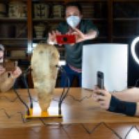 Collaborators taking photos of the mummy bird with smartphones