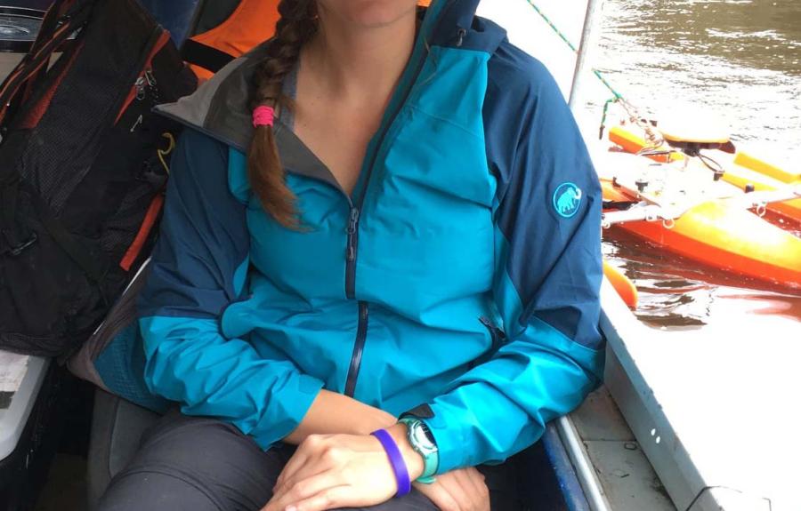 EEB grad student Kara Andres on board a boat doing her research in the field