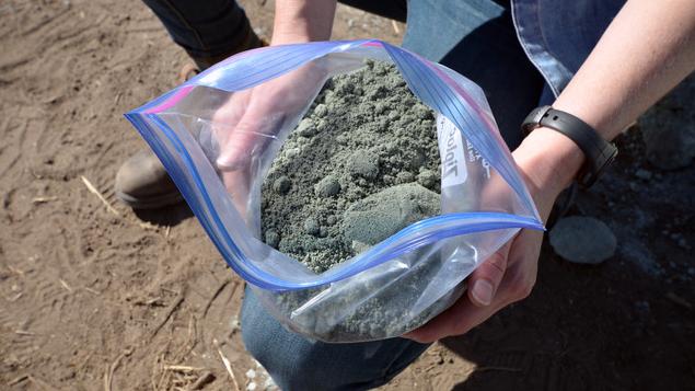 A researcher with a bag of rock dust.