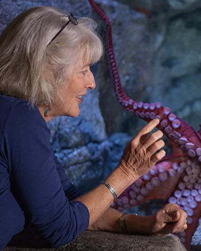 Drew Harvell shown with an octopus in an aquarium; photo by David O. Brown