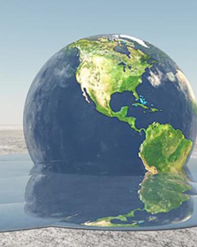 An illustration of a melting globe representing the impact of global climate change.