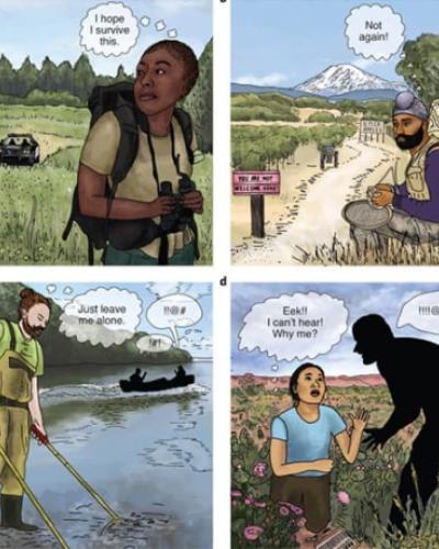 (a) A Black ornithologist is approached by law enforcement; (b) A Sikh entomologist experiences a hateful landscape; (c) A bisexual ichthyologist is accosted by hate speech; (d) A deaf botanist is verbally abused due to her disability. Illustration by Cal